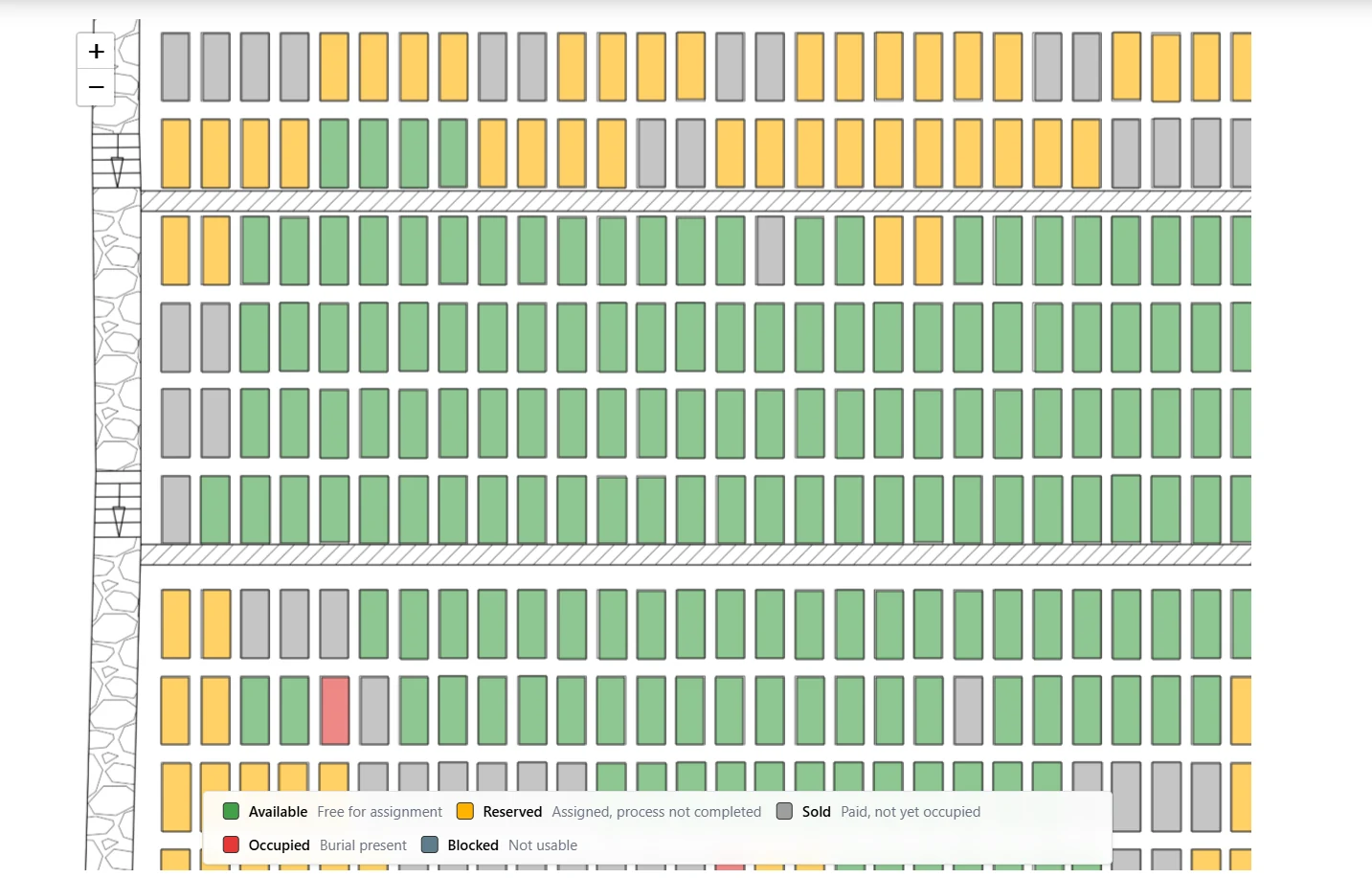 Interactive cemetery map with plots colored by availability status
