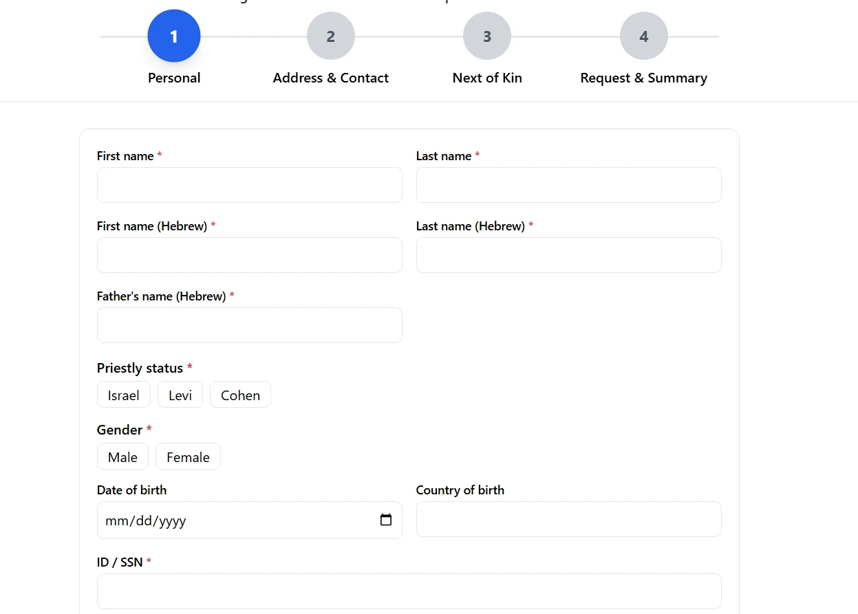 Customer form including Hebrew name, priestly status and gender